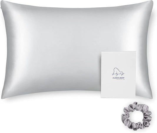 ALASKA BEAR 100% Pure Mulberry Silk Pillowcase for Curly Hair Wife Women Mother Her Grandma Pillow Slip Machine Washable Queen 20"x30" (1 Pack, Silver)