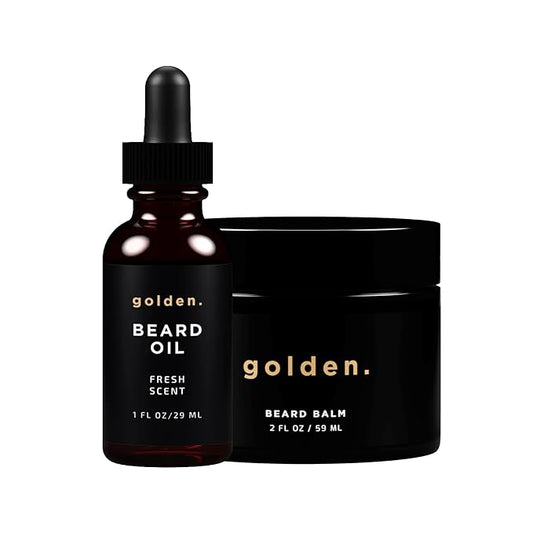 Golden Grooming Beard Bundle for Black Men | Natural Beard Growth Kit with Shea Butter | 2oz Balm & 1oz Oil, Fresh Scent