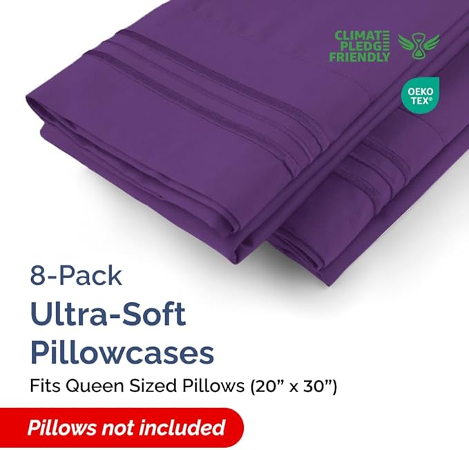 Queen Pillow Cases Set of 8 - Ultra Soft Hotel Quality Pillowcase Covers - Comfy & Wrinkle Free - Shrink, Stain & Fade Resistant - Easy-Care, Machine Washable Pillow Protectors - 8 Piece Set - Purple
