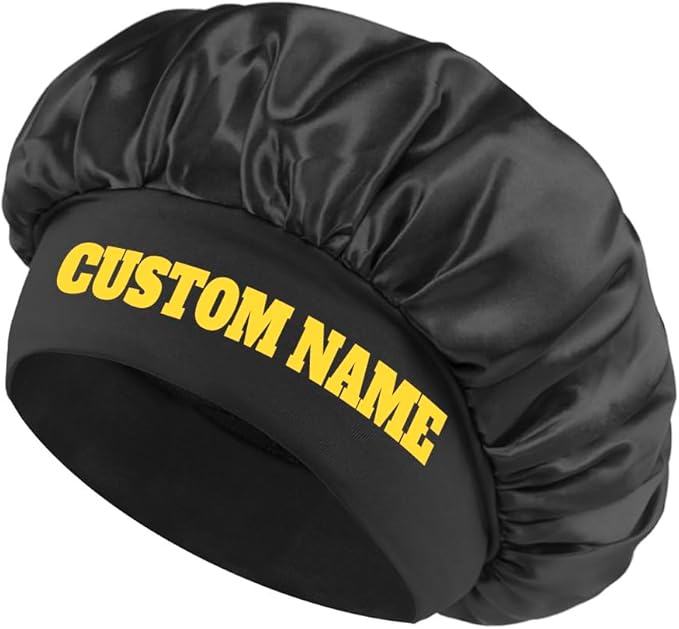 Custom Silk Bonnet for Women - Personalized Name Logo Satin Bonnet Hair Wrap for Sleeping Band Sleep Night Head Cover for Curly Braid Fine Black