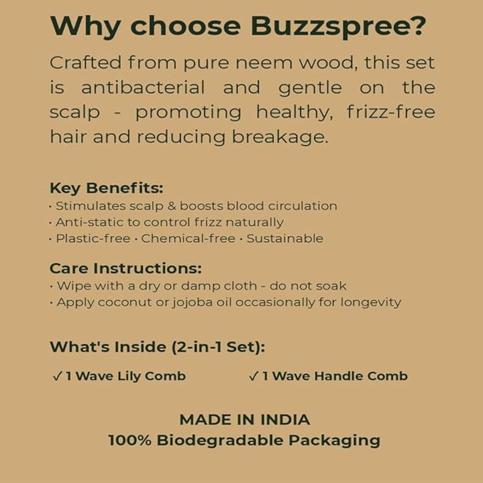 Natural Neem Wood Comb Set of 2 [Wave Lily & Wave Handle] – Wide & Fine Tooth Handmade Wooden Hair Combs for Men & Women | Eco-Friendly, Plastic-Free, Scalp Comb for Gentle Hair Care