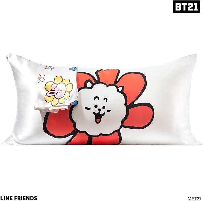 Kitsch x BT21 Satin Pillowcase with Zipper – Better Than Silk Pillowcase, RJ Character & Funky Floral Print – Soft Cooling Toddler Bed Time Pillow Case for Hair & Skin – King Size 19x36