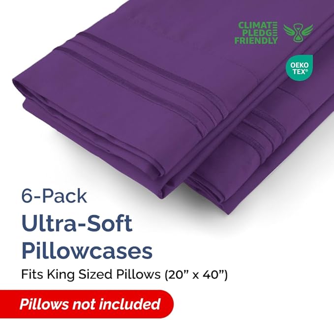 King Pillow Cases Set of 6 - Ultra Soft Hotel Quality Pillowcase Covers - Comfy & Wrinkle Free - Shrink, Stain and Fade Resistant - Easy-Care, Machine Washable Pillow Protectors - 6 Piece Set - Purple
