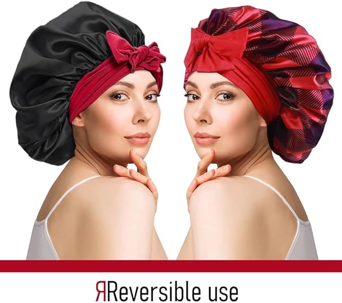 Buffalo Plaid Satin Sleep Bonnet, Double Layer Silky Red and Black Cap with Bow, Adjustable Hair Protection Headwear for Night