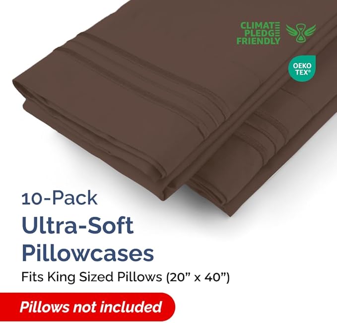 King Pillow Cases Set of 10 - Ultra Soft Hotel Quality Pillowcase Covers - Comfy & Wrinkle Free - Shrink, Stain and Fade Resistant - Easy-Care, Machine Washable Pillow Protectors - 10 Pcs Set - Brown