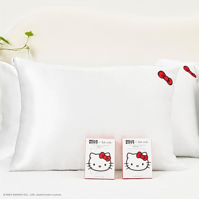 Kitsch x Hello Kitty Pillow Case Ivory – Toddler Bed Time Satin Pillowcase with Zipper – Soft Cooling Pillow Cover for Hair & Skin – Better Than Silk Pillowcase – King Size 19x36