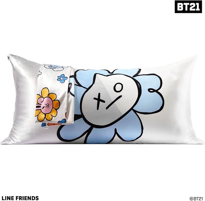 Kitsch x BT21 Satin Pillowcase with Zipper – Better Than Silk Pillowcase, Van Character & Funky Floral Print – Soft Cooling Toddler Bed Time Pillow Case for Hair & Skin – King Size 19x36