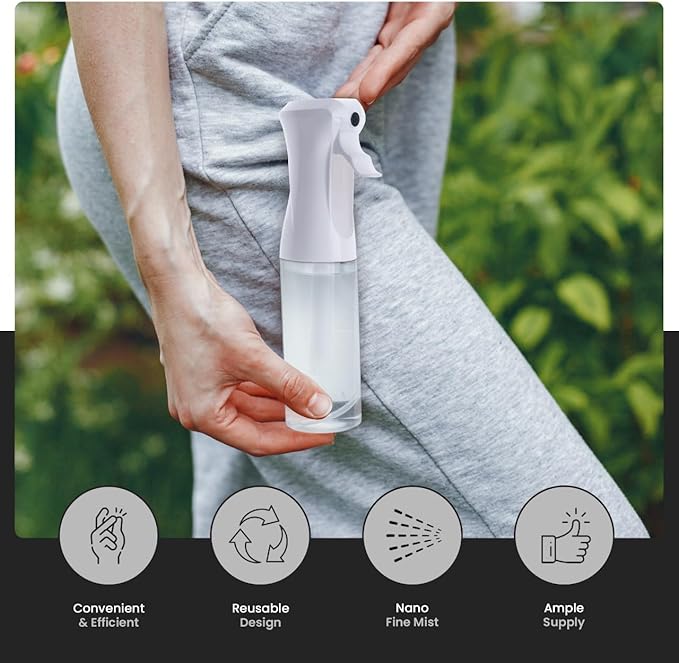 VIGOR PATH Continuous Spray Bottle – Fine Mist Mister Spray Bottle for Hair, Plants, Cleaning, Pets & Travel | Refillable Water Spray Bottles (200ml / 6.7oz) Clear