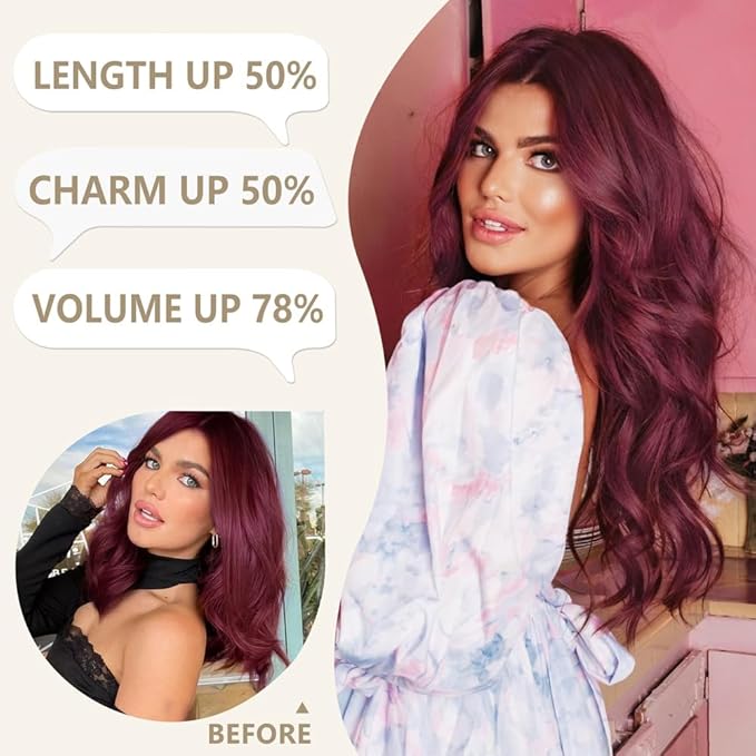ALXNAN Clip in Long Wavy Synthetic Hair Extension 20 Inch Burgundy 4PCS Thick Hairpieces Fiber Double Weft Hair for Women