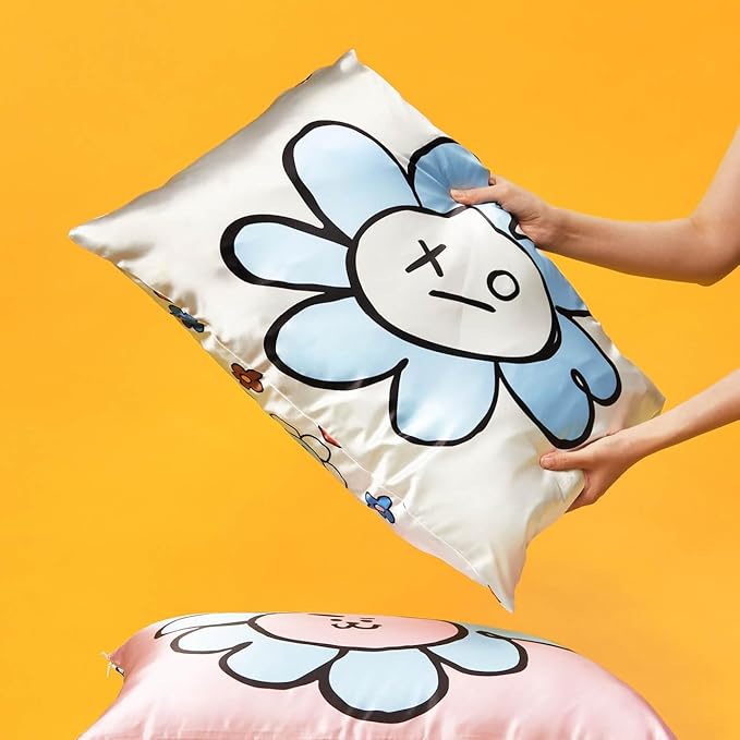 Kitsch x BT21 Satin Pillowcase with Zipper – Better Than Silk Pillowcase, Van Character & Funky Floral Print – Soft Cooling Toddler Bed Time Pillow Case for Hair & Skin – Queen/Standard 19x26