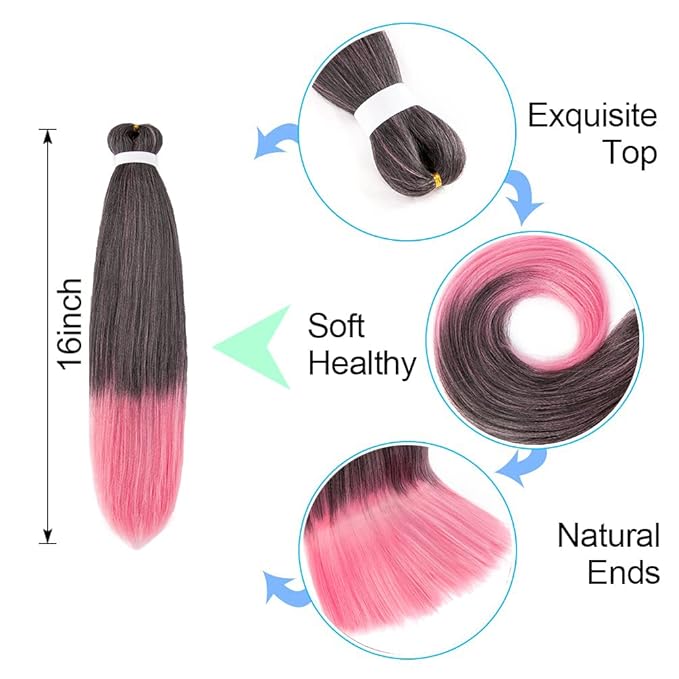 8 Pack Ombre Braiding Hair Pre Stretched - 16" 55G/Pack Premium Pre Stretched Braiding Hair Extensions, Professional Itch Free Perm Yaki Texture Prestretched Hair(1Bpink)