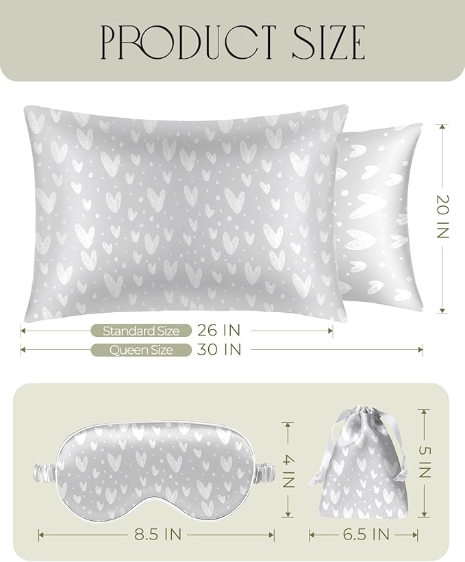Mulberry Silk Pillow Case for Hair and Skin 19 Momme Queen 30"x20" Grey Silk Pillowcase with Eye Mask & Scrunchie Soft Silk Pillowcase Sleeping for Moms, Women