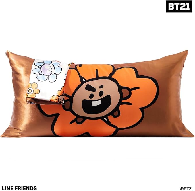 Kitsch x BT21 Satin Pillowcase with Zipper – Better Than Silk Pillowcase, Shooky Character & Funky Floral Print – Soft Cooling Toddler Bed Time Pillow Case for Hair & Skin – King Size 19x36