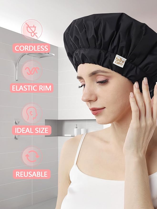 Years calm Heat Cap For Deep Conditioning Shower Cap，Reusable Three-Layer Structure Waterproof Hair Cap – Applicable Tofor Bathing, Hair Care, And Other Uses (Black, One Size)