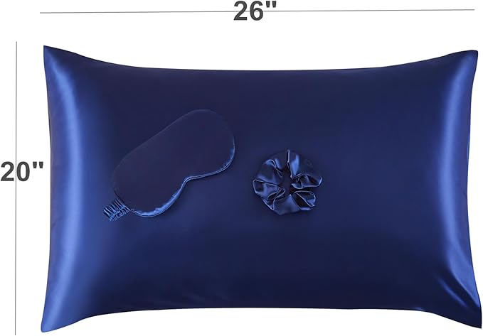 Satin Pillowcase for Hair and Skin, Super Soft Vegan Silk Sleep Set-2 Satin Pillow Cases Standard Size, 1 Eye Mask, 1 Scrunchie, Self Care Essential Satin Night Routine Kit, Navy Blue