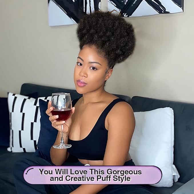 YEAME Afro Puff Drawstring Ponytail for Black Women, Short Kinky Curly Afro Ponytail Synthetic Hair Puffs, Premium Brown Afro Bun Drawstring Ponytail for Women Girls (2 Black Brown)