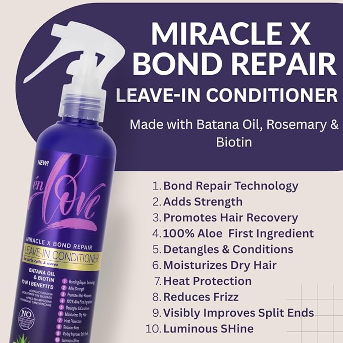 Miracle X Bond Repair Leave-In Conditioner – With Organic Batana Oil, Rosemary & Biotin – Reduces Frizz, Strengthens Bonds, Heat Protectant & Detangler – For Curly & Normal Hair – 7.27oz