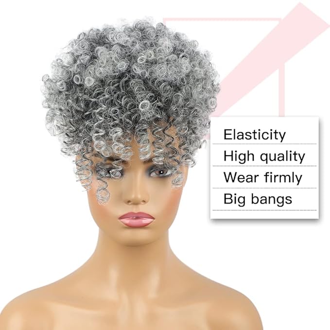 ENTRANCED STYLES Drawstring Ponytail with Bangs Afro Puff Ponytail Extensions for Women Short Curly Puff Ponytail with Bangs Clip in Wrap Updo Hairpiece for Women (T-gray)…