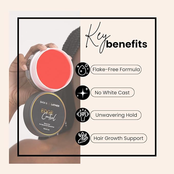 BASK & LATHER Strong Hold Edge Control Gel with Castor Oil, Non-Greasy, Non-Flaking, No White Cast, Long Lasting, Supports Hair Growth, Natural Formula, For All Hair Types, 5.3 Fl Oz