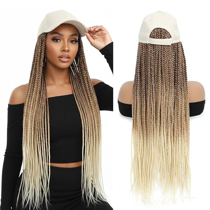 Hat Wig for Women Baseball Cap with Blonde Braided Hair Attached 24inch long Synthetic Box Braid Wig Adjustable Beige Cap with ombre brown blonde light blonde Braids for Daily Outdoor Halloween Use