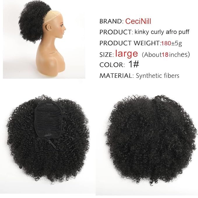 Afro Puff kinky curly Drawstring Ponytail Extension for Black Women Synthetic Short Afro Kinkys Curly Afro Bun Extension Hairpieces Updo Hair Extensions with Two Clips(1#)