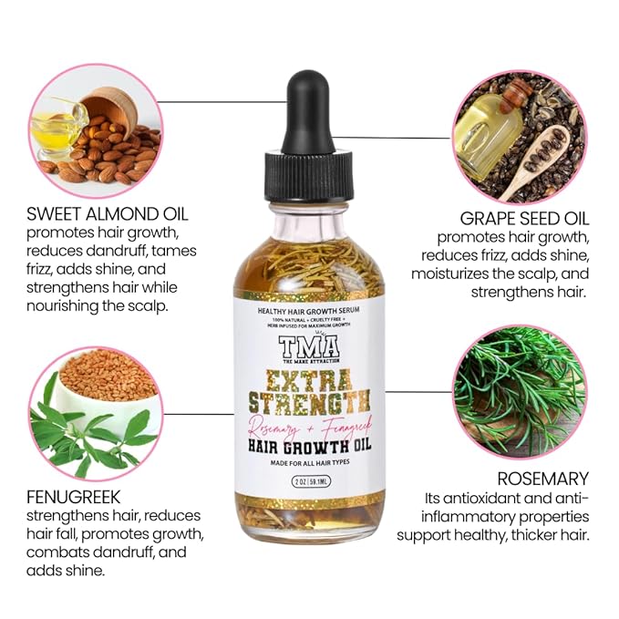 The Mane Attraction Extra Strength Rosemary + Fenugreek Herbal Hair Growth Oil | Infused With Castor Oil for ALL Hair Types Mini, 2oz