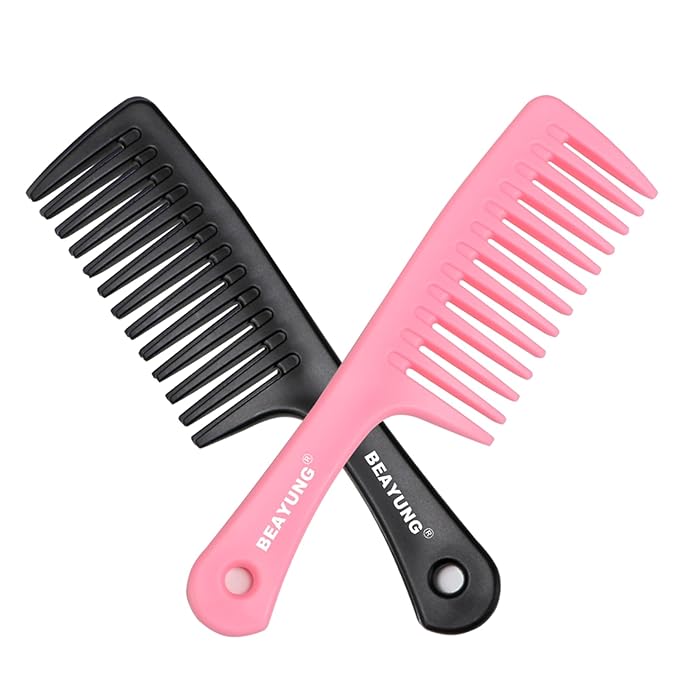 2 PCS Large Wide Tooth Comb, Shower Combs for Women, Curly Hair Brush, Detangling Comb, Hair Styling, Hairdressing Tool (1Black,1Pink)