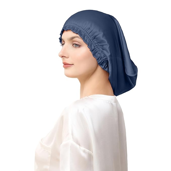 THXSILK 100% Pure Silk Bonnet for Sleeping Women Mulberry Silk Bonnet with Elastic Band Hair for Women Curly Hair Navy Blue
