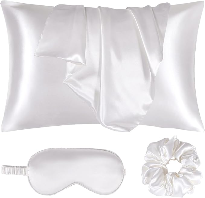 Satin Pillowcase for Hair and Skin, Vegan Silk Pillowcase Set-2 Ivory Satin Pillowcases Standard Size, 1 Eye Mask, 1 Scrunchie-Luxury Sleep Set, White Pillow Cases with Envelope Closure