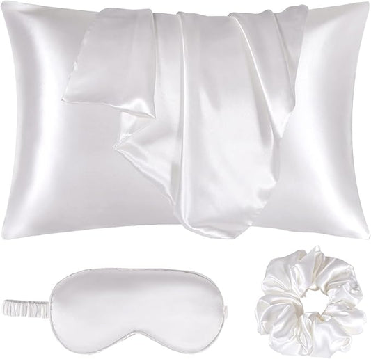 Satin Pillowcase for Hair and Skin, Vegan Silk Pillowcase Set-2 Ivory Satin Pillowcases Standard Size, 1 Eye Mask, 1 Scrunchie-Luxury Sleep Set, White Pillow Cases with Envelope Closure