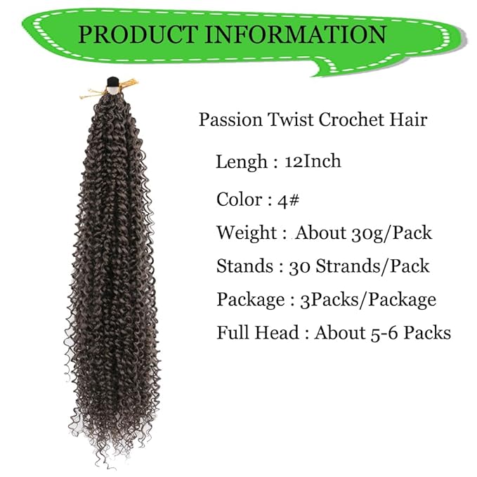Passion Twist Hair Extensions Black Brown Curly Crochet Hair 12 Inch Short Curly Braiding Hair 3 Packs Crochet Braids with Curls for Black Women(12",4#)