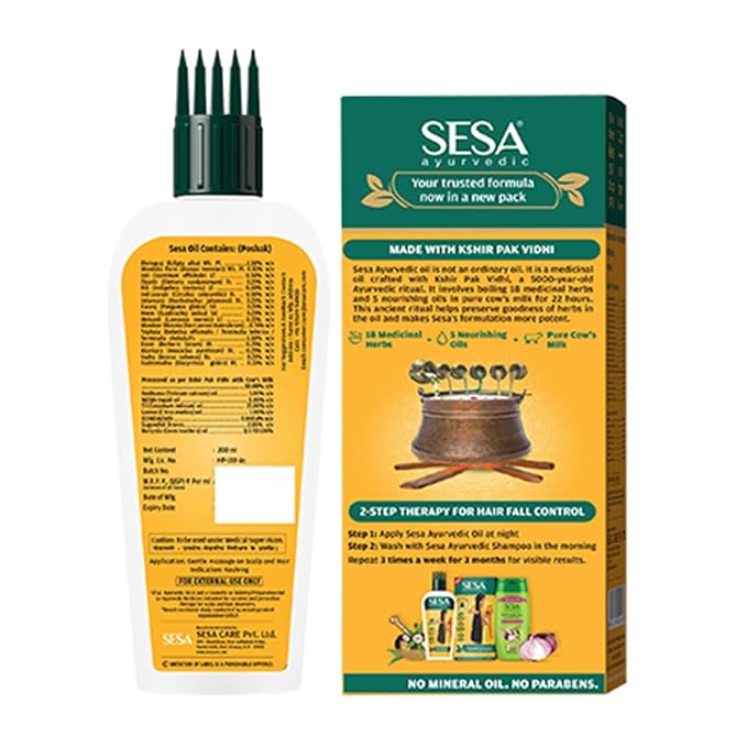 SESA Ayurvedic Hair Oil With Bhringraj & 17 Rare Herbs With Coconut Oil and 4 Nourishing Oil For Hair Growth Help Control Hair Fall & Easy Hair Oil Applicator For Women and Men, 6.76 Fl Oz or 200 ml