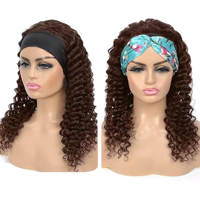 SENSAIRUITE Chocolate Brown Headband Wig Human Hair 22 Inch Deep Wave Curly None Lace Front Wigs for Black Women 180% Density Wear and Go Glueless Wig
