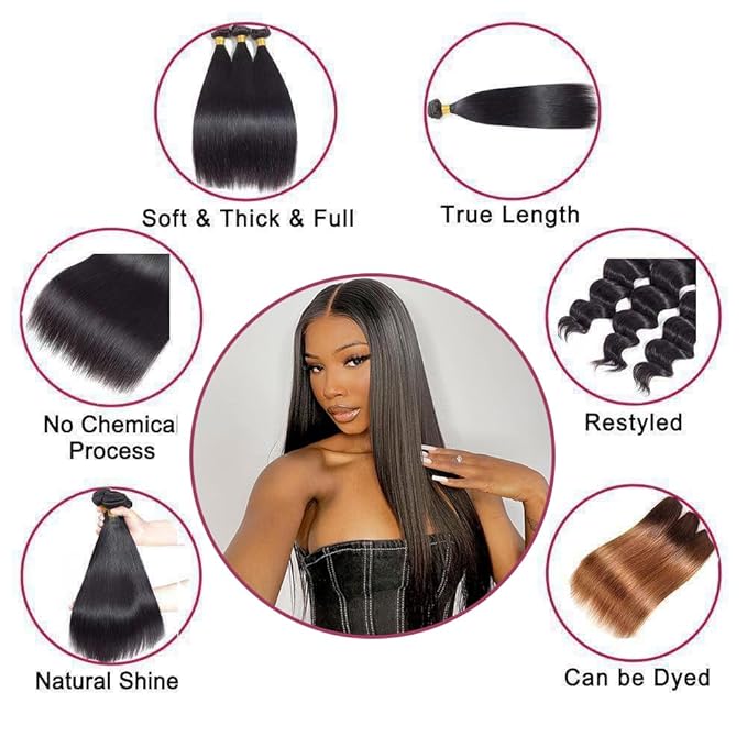 Straight Bundles Human Hair Brazilian Virgin Human Hair 3 Bundles 22 24 26 Inch 100% Unprocessed Straight Human Hair Bundles Natural Black Bundles Weave Hair Extensions For Black Women