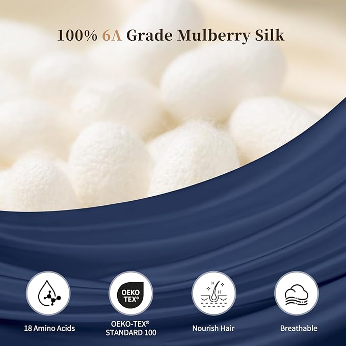 THXSILK 100% Pure Silk Bonnet for Sleeping Women Mulberry Silk Bonnet with Elastic Band Hair for Women Curly Hair Navy Blue