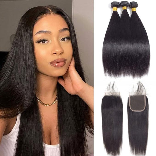 Brazilian Virgin Straight Hair 3 Bundles with Closure(22 24 26+22"Closure) 10A Virgin Remy Straight Hair Free Part Closure and Bundles 100% Unprocessed Brazilian Human Hair for Black Women…