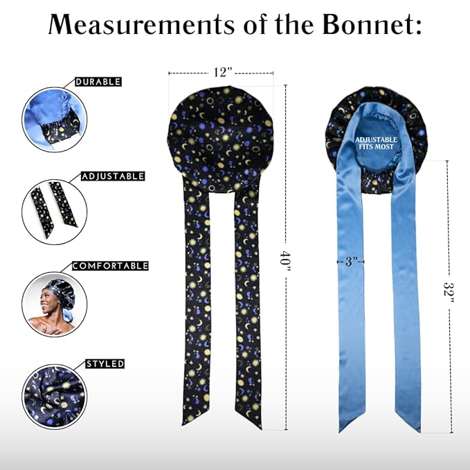 100% Mulberry Silk Bonnet for Sleeping Women, Handmade in USA 19 Momme Double Layer Reversible Silk Hair Wrap with Adjustable Ties, Non-Slip Sleep Cap for Curly & Natural Hair (sun and Moon)