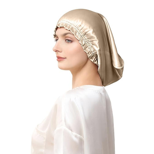 THXSILK 100% Mulberry Silk Bonnet for Sleeping Women, Silk Bonnet with Elastic Band, Hair Wrap Cap for Women Curly Hair, Champagne