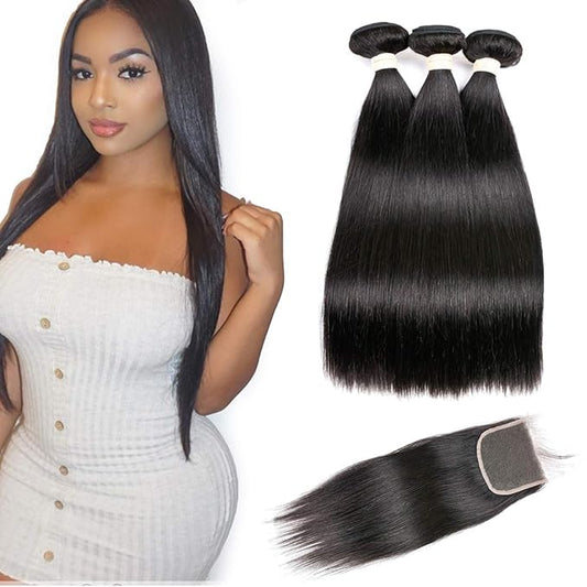 Brazilian Hair Virgin Human Hair 3 Bundles with Lace Closure Straight Wave Weft 100% Unprocessed Real Human Hair Extensions Natural Color (20 20 20+18" Closure)