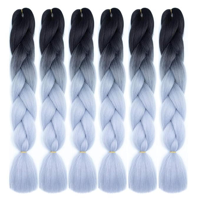 Xiaofeng Braiding Hair Extensions for Women 6 Packs 100g/Pack 24Inch High Temperature Ombre Jumbo Synthetic Braiding Hair for Twist Crochet Braids (24 Inch, black-silver gray)