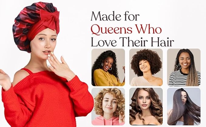 Buffalo Plaid Satin Sleep Bonnet, Double Layer Silky Red and Black Cap with Bow, Adjustable Hair Protection Headwear for Night