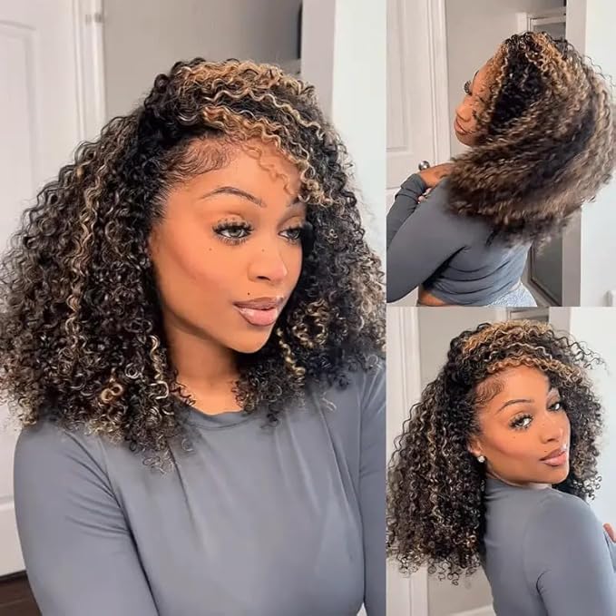 Kinky Curly Half Wig Human Hair 250% Density Wear Go Glueless Wigs Human Hair Curly 3 In 1 Half Wigs for Women Drawstring Seamless Flip Highlight Blonde Headband Wig Beginner Friendly (20 Inch)