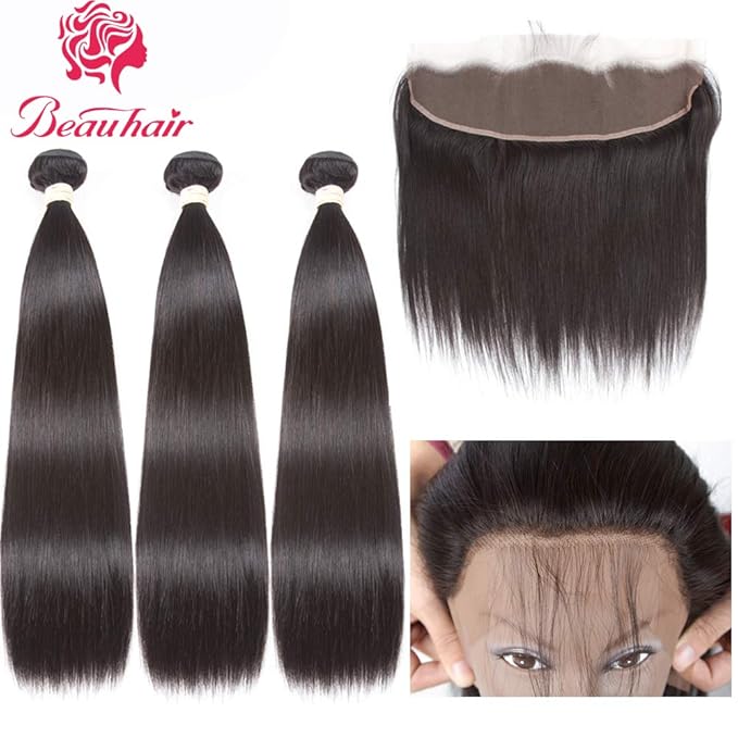 Straight 3 Bundles with Frontal (14 16 18+14) 13x4 Ear to Ear Lace Frontal Unprocessed Virgin Brazilian Human Hair Bundles Natural Color