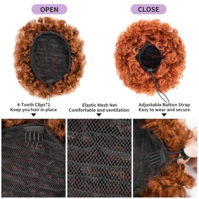 YEAME Afro Puff Drawstring Ponytail for Black Women, Short Kinky Curly Synthetic Hair Puffs, Purple Bun for Women Girls (Dark Orange)