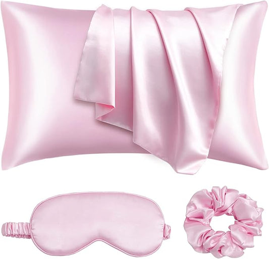 Satin Pillowcase for Hair and Skin, Vegan Silk Pillowcase Set-2 Pink Satin Pillowcases, 1 Eye Mask, 1 Scrunchie-Luxury Sleep Set, Silky Satin Pillow Cases Queen Size with Envelope Closure