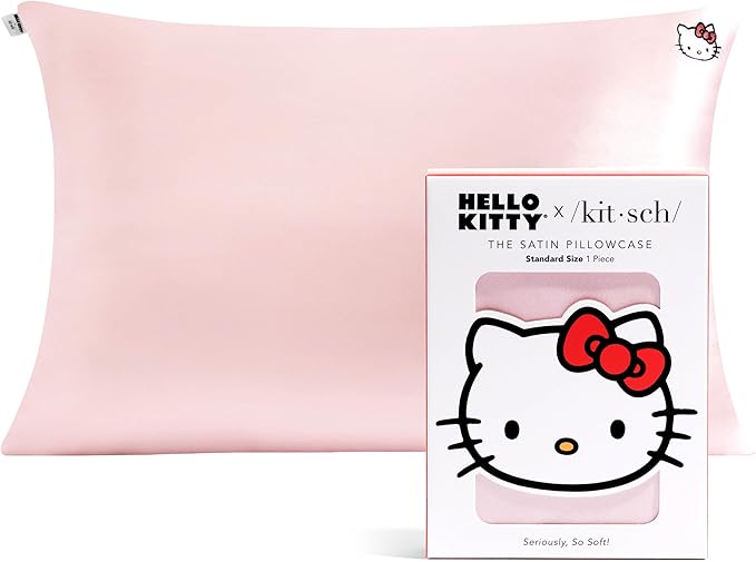 Kitsch x Hello Kitty Pillow Case – Solid Pink Kitty Face Toddler Bed Time Satin Pillowcase with Zipper – Soft Cooling Pillow Cover for Hair & Skin – Better Than Silk Pillowcase – Queen/Standard 19x26
