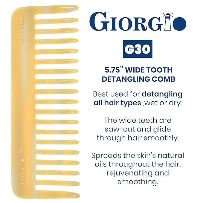 Giorgio G30 Large 5.75 Inch Hair Detangling Comb, Wide Teeth for Thick Curly Wavy Hair. Long Hairs Detangler Comb For Wet and Dry. Handmade of Cellulose, Saw-Cut, Hand Polished, Ivory 2 Pack