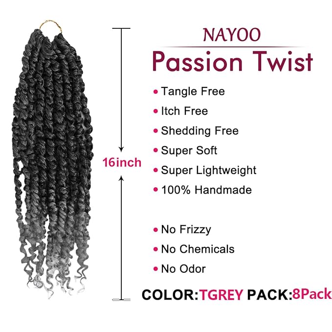 NAYOO Passion Twist Hair - 8 Packs 16 Inch Passion Twist Crochet Hair For Women, Crochet Pretwisted Curly Hair Passion Twists Synthetic Braiding Hair Extensions(16 Inch 8 Packs, TGREY)