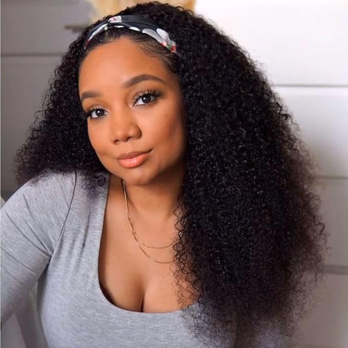 XSY Headband Wig Human Hair Kinky Curly 12 Inch Headband Wigs for Black Women None Lace Front Wig Curly Brazilian Wear and Go Glueless Wig 150% Density Natural Color