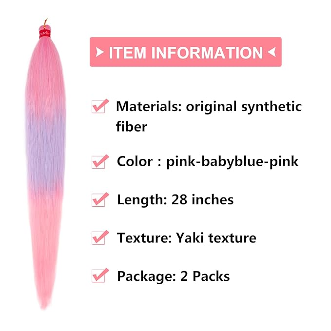 Ombre Pink-Baby Blue Braiding Hair Extension, 28 Inches Pre Stretched Braiding Hair for hair Braids,2 Packs Yaki Texture Synthetic Braid Hair